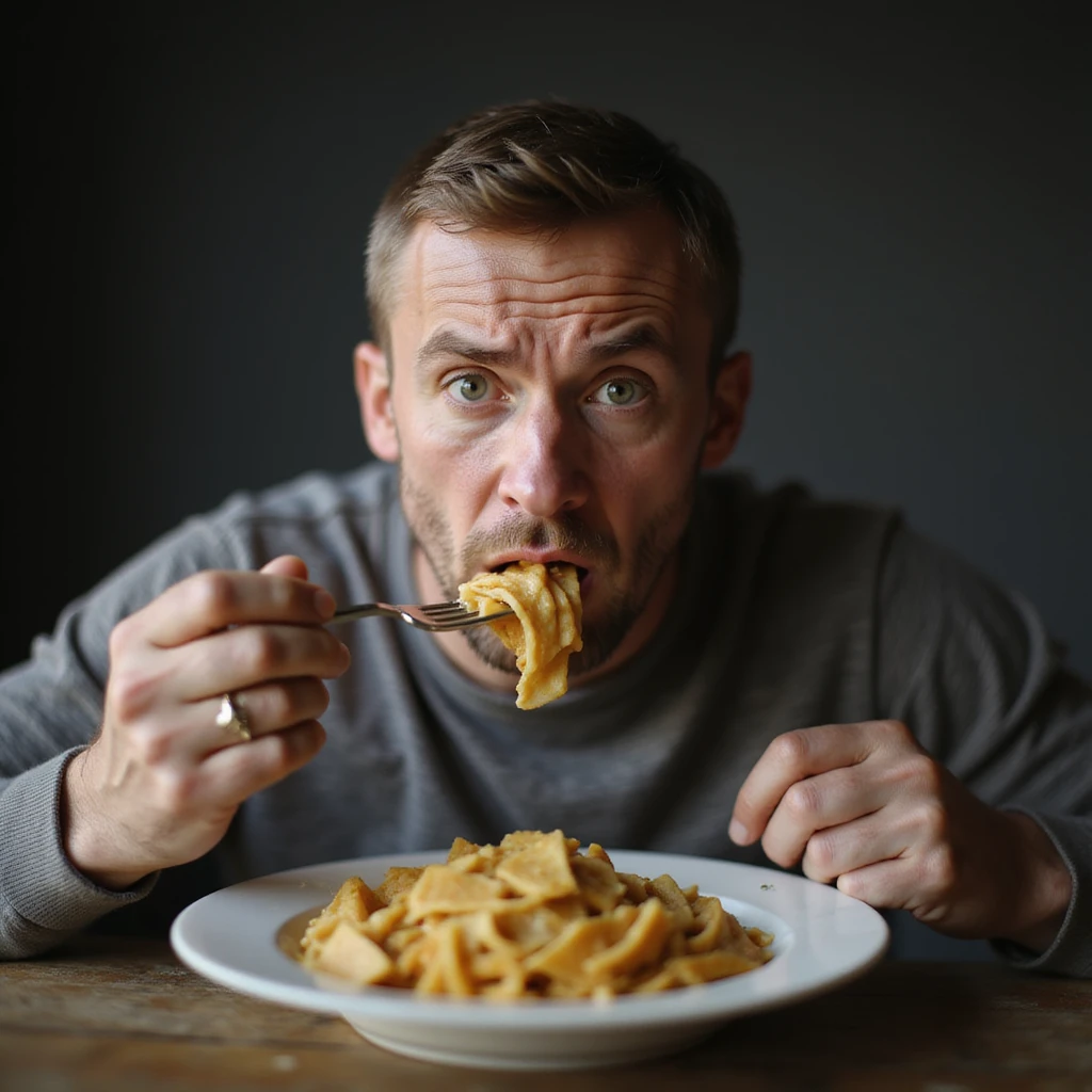 a sad man about 20 years old eating a plate of pasta, sad expression, hyperrealism 4K, variation 2 emoji
