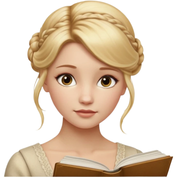 Cinematic Realistic Journal Portrait, depicted with lifelike skin texture, subtle rosy undertones, and soft natural lighting that enhances the gentle contours of her face. Her intricately detailed golden blonde hair is elegantly styled in an updo, emoji