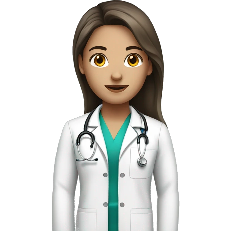 Beautiful white doctor with brunette long hair and black eye color emoji