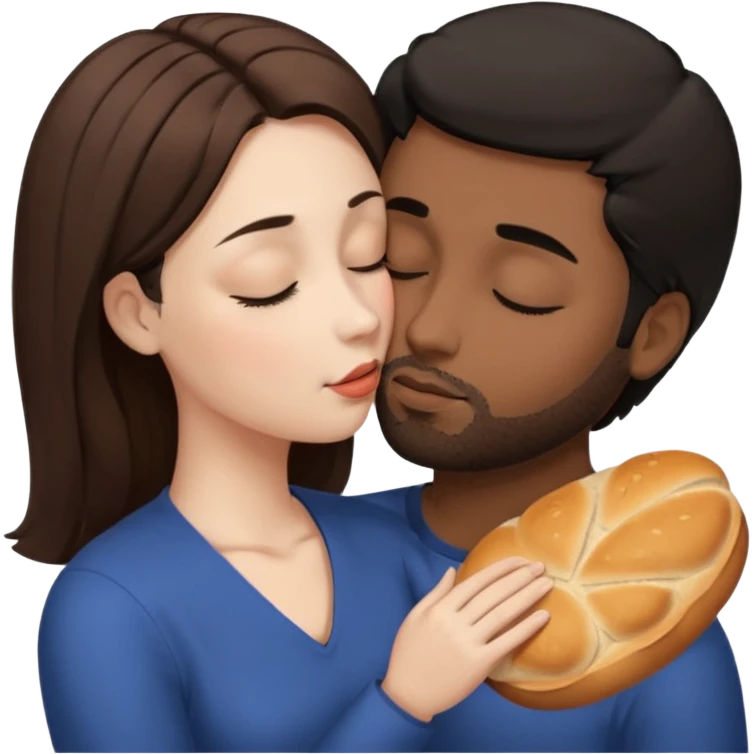 White woman with brown hair with eyes closed kissing forehead of brown man with black hair and a bread with eyes also closed emoji