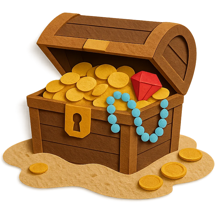 illustration of a treasure chest overflowing with gold coins and jewels on a sandy beach in paper-craft style emoji