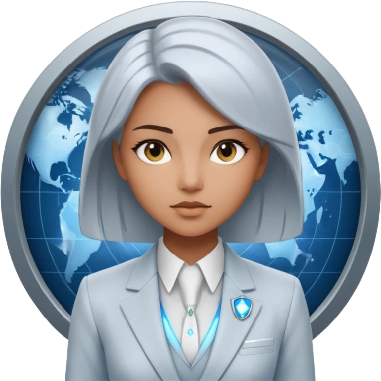 Artemis, A sleek female avatar with a focused, forensic gaze, wearing a minimalist white and silver tailored suit accented with moonlight blue. She is analyzing a transparent holographic interface displaying complex global sovereign credit data. emoji