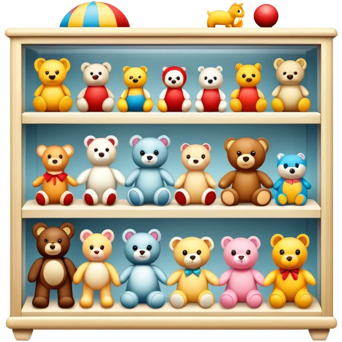 Icon for Toy Collecting: a collection of various vintage toys such as dolls, action figures and plush animals, displayed neatly on shelves or in display cases. The icon should evoke the joy and nostalgia of collecting toys. Transparent background. emoji