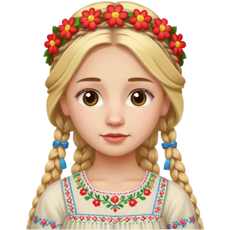 Slavic girl with a long blonde braid, wearing a traditional embroidered dress and a colorful flower crown, apple style emoji emoji