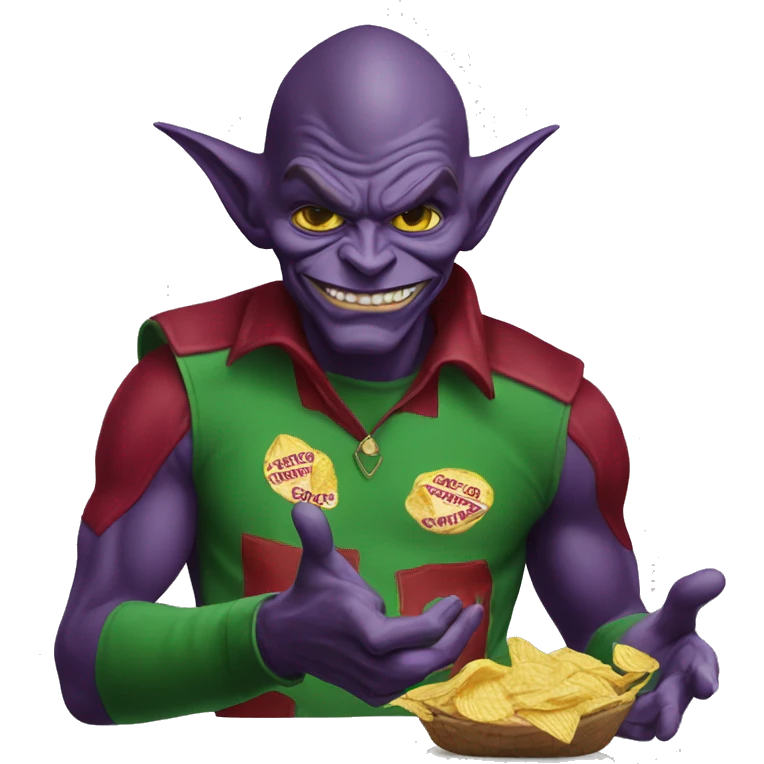 Green goblin with gucci shirt and chips on his hand emoji