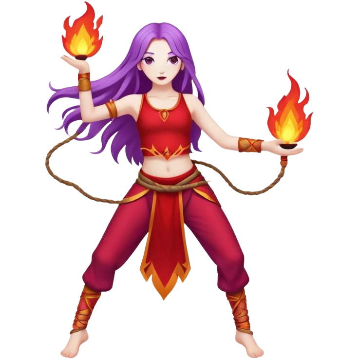 Full body Poi fire dance performer pale skin with long purple hair red clothes emoji
