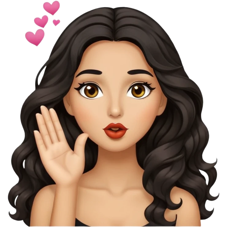woman with olive skin, brown eyes and long lashes, and long black wavy hair blowing a kiss emoji