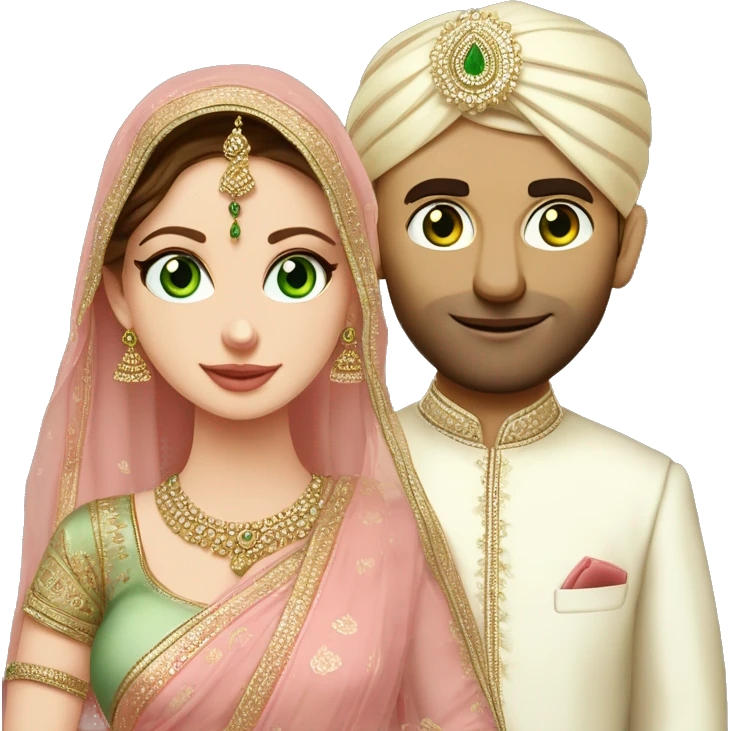 green eyed pale skin bride in a light pink saree without veil with tall indian groom in kurta without turban emoji