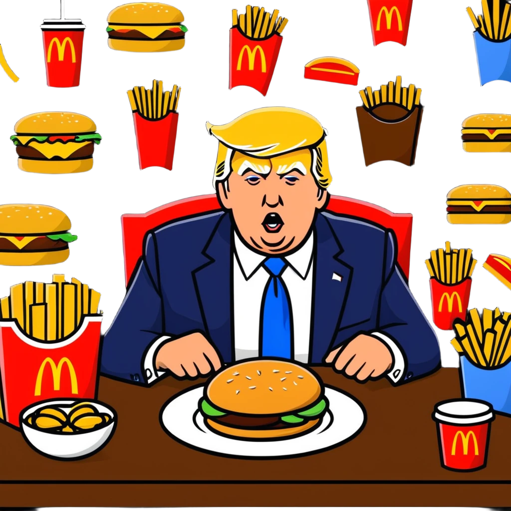 Donald Trump in a playful war room, surrounded by McDonald's food, cartoon sticker style emoji