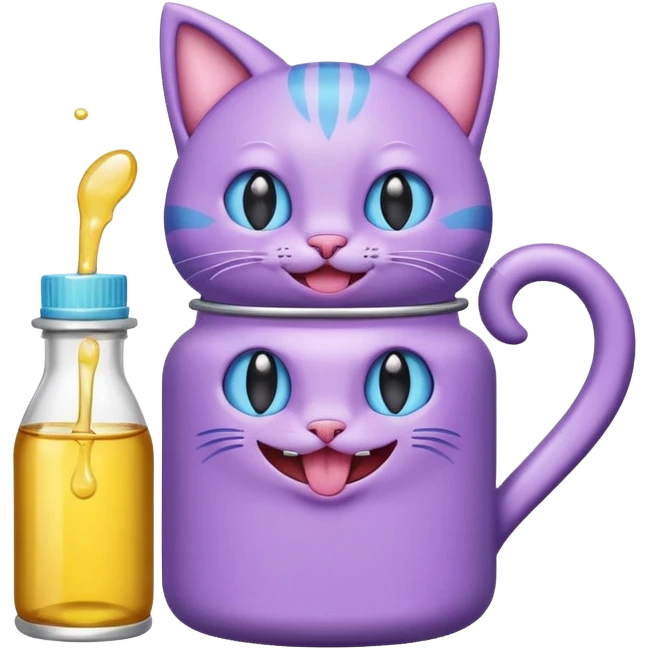 Smiling bottle of oil light purple top and light blue sticking tongue out and with cat ears emoji