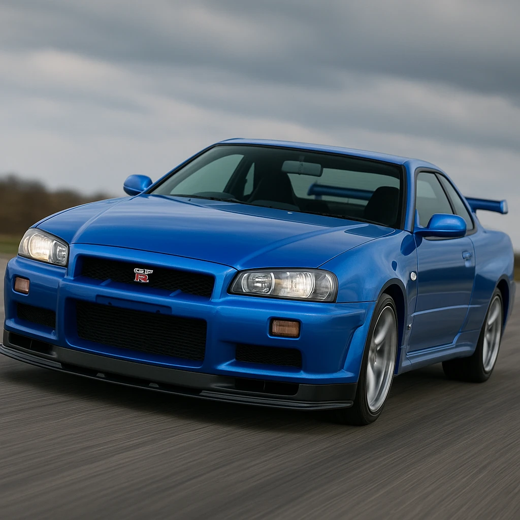 Nissan Skyline GTR R34, front angle, blue, sporty, dynamic emoji