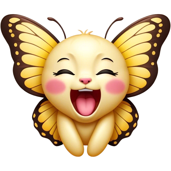 Cinematic Adorable Yawning Butterfly Portrait Emoji, Head tilted slightly with a dramatic, wide-open yawn, showcasing a delicate, softly fluttering body with gently drooping wings and sleepy, half-closed eyes, Simplified yet irresistibly cute features, highly detailed, glowing with a soft, cozy luminescence, high shine, relaxed yet expressive, stylized with a dash of whimsical floral charm, soft glowing outline, capturing the essence of a drowsy butterfly that appears ready to rest its wings for a nap! emoji