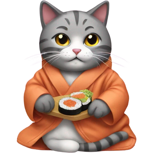 cat wearing a big coat eating sushi emoji