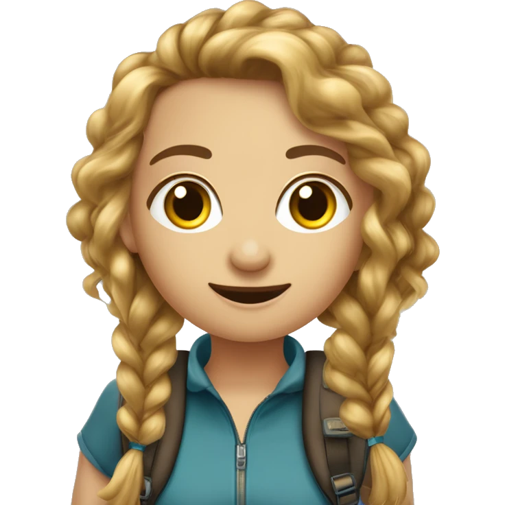 ragazza dai capelli biondi e lisci, occhi azzurri, con zaino e bastoncini che cammina in un trekking emoji