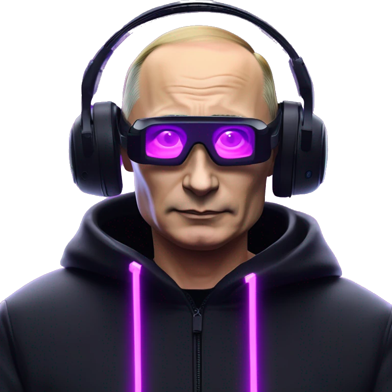 Vladimir Putin wearing a black hoodie with "OMG" letters on it and VR headset oculus quest 2 in a cyberpunk VR environment with violet neon lighting. emoji