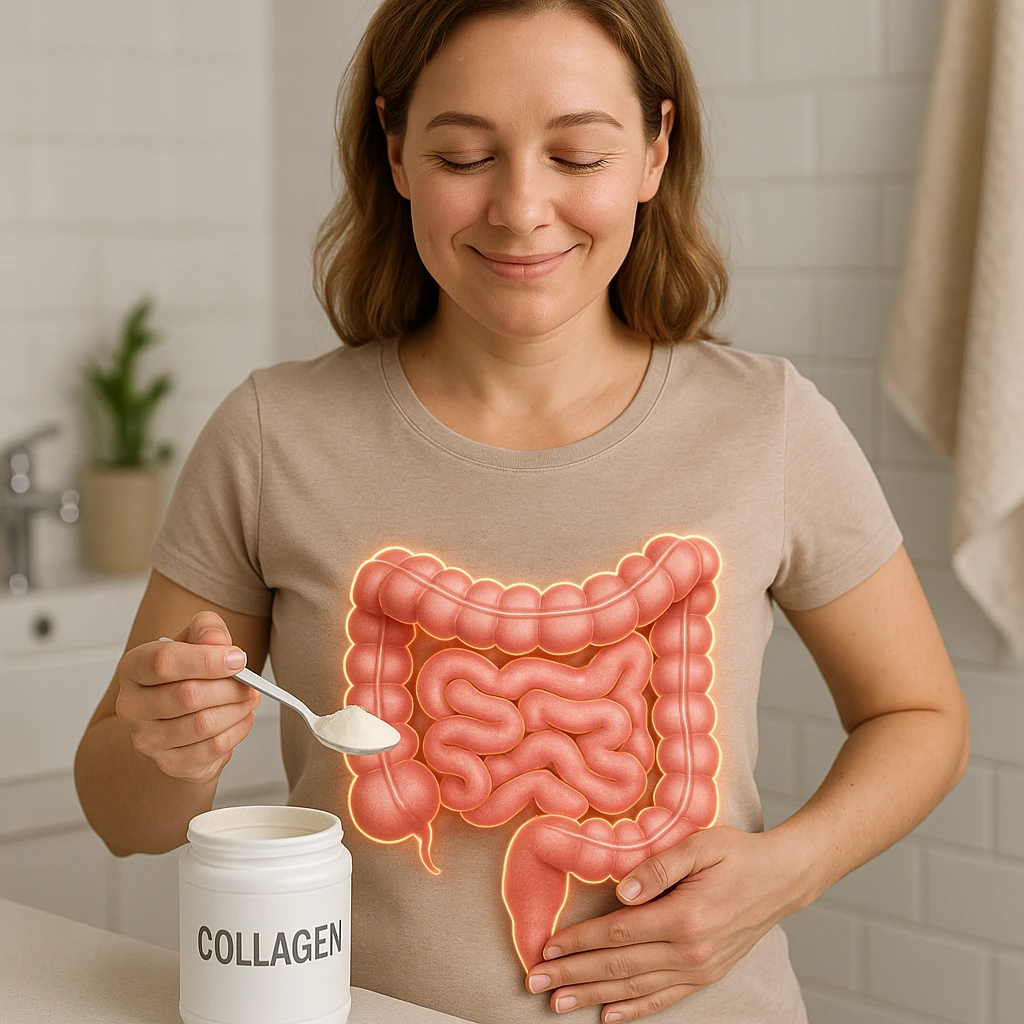 realistic image of a woman in bathroom or kitchen, healthy intestine thanks to collagen, satisfied expression, clinical details, visible collagen supplement emoji