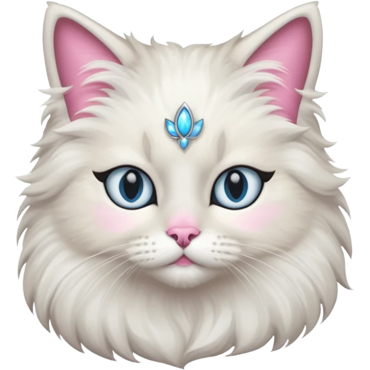 Neva masquerade cat, very fluffy, gray and white, with pale blue eyes and pink nose emoji