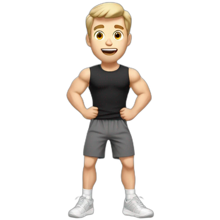 amazed Open with surprise mouth Pale skinned Fit Man With the biceps and dark brown hair in black shirt, gray sports shorts and white Sneakers emoji