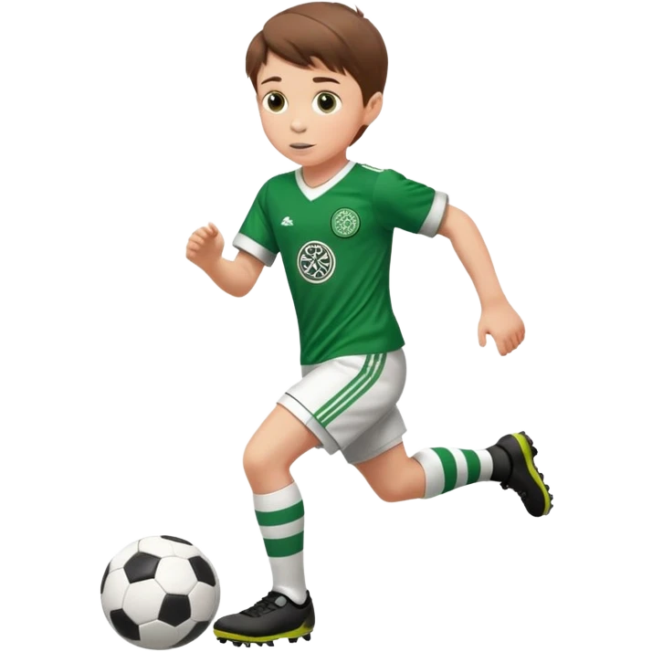 Celtic footballer jersey logo  6 years old brown hair white boy , stripes uniform , RUNNING  with soccer ball # 17 celtic football logo PUT ONLY ONE LOGO emoji