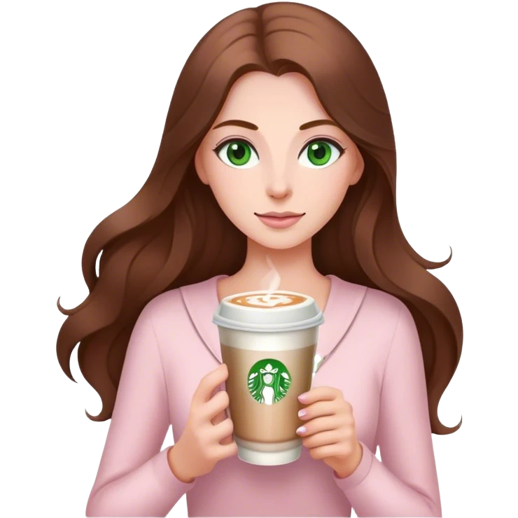 pretty woman with very long brown hair and green eyes and light pink outfit with a latte emoji