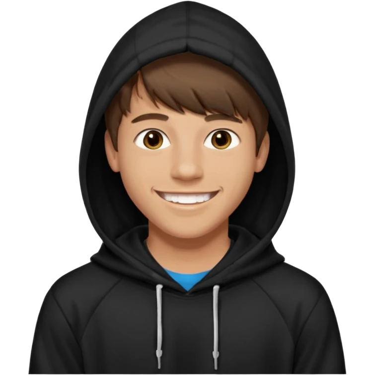 20 yr old man, brown hair, straight, big smile, white teeth, tanned skin, bangs, black hooded sweatshirt, long hair in back, center-parted bangs emoji