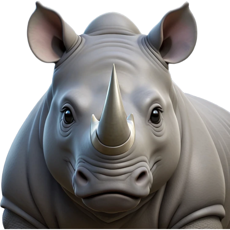 cinematic-noble--rhinoceros-portrait-emoji,slate-grey-hide--poised-and-regal,-with-a-massive,-powerful-build-and-a-thick, -deep-set-soulful-piercing-eyes,-simplified-yet-sharp-and-sophisticated-features,-highly-detailed,-large-black-eyes, zoomed out showing shoulders, large white horn  emoji
