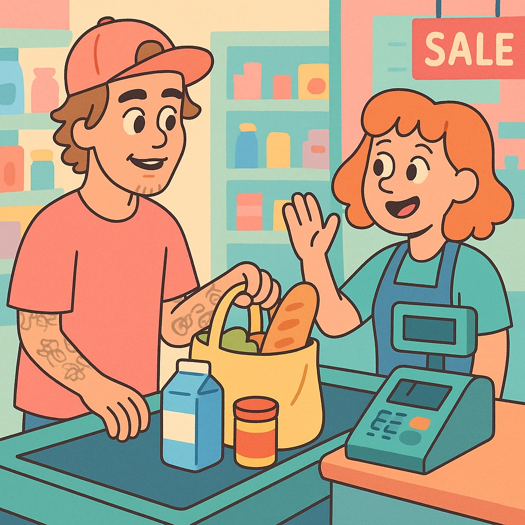 Justin Bieber checking out groceries at a supermarket, pastel toon style emoji