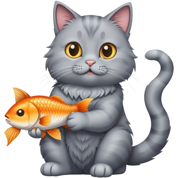 gray cat sitting and eating a fish emoji