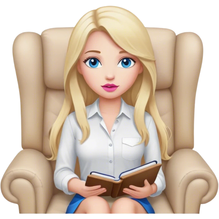 Cinematic realistic blonde with long hair, blue eyes and pink lips, sitting in a beige armchair with a notebook and pen in her handsshirt, sits in a beige armchair with a notebook and pen in her hands emoji