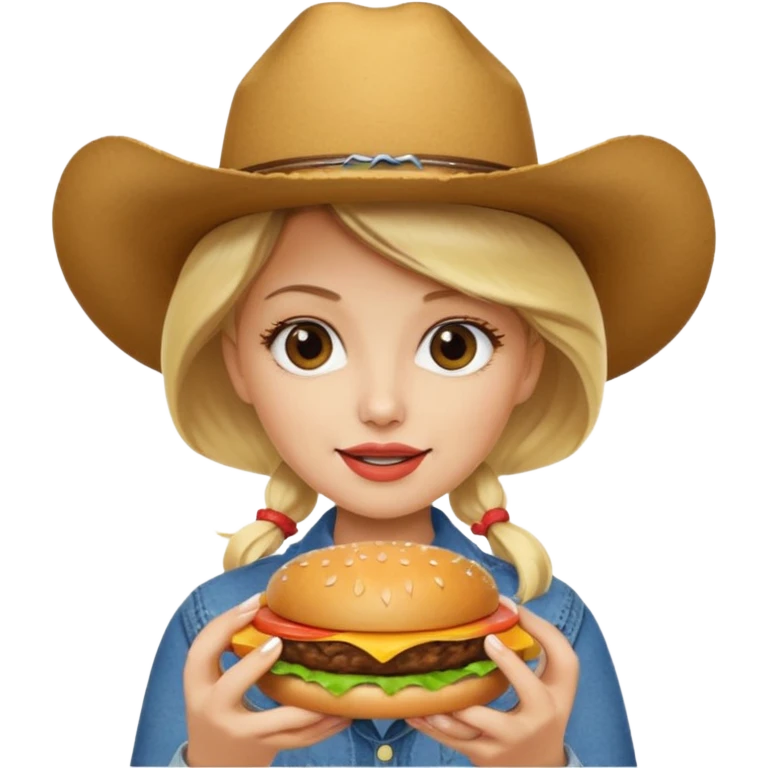 blonde female wearing cowboy eating hamburger emoji