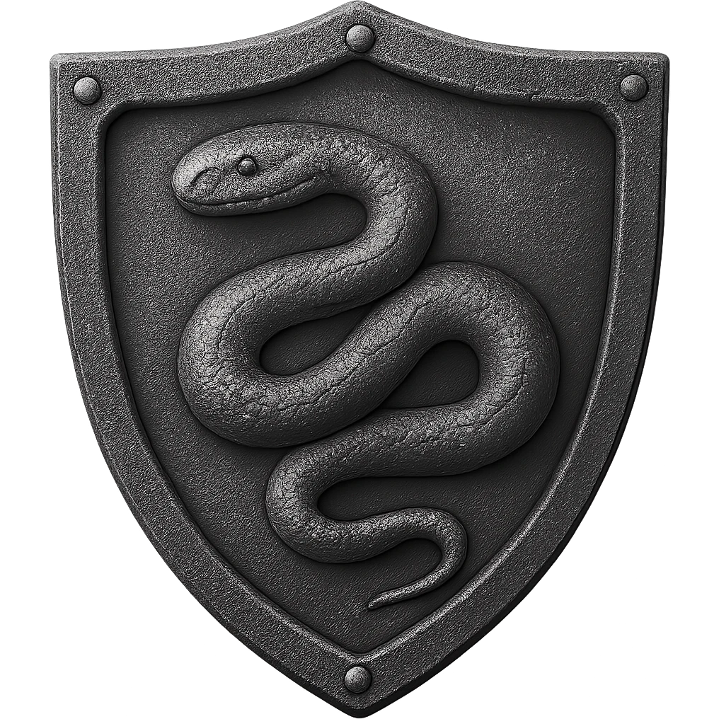 Replace the rat on the iron shield with a snake. Keep the style realistic metallic iron, slightly worn, in emoji style with transparent background. emoji