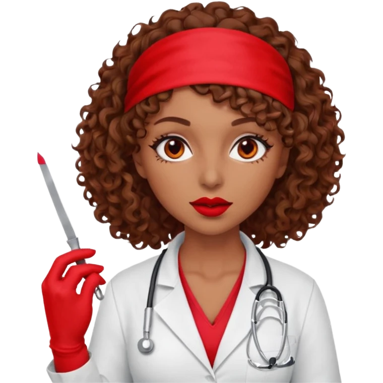 Lilith scalpel in hand, evil surgeon sexy surgeon clothes.  She has red eyes.Her  brown curly hair. Wears sexy doctor outfit with red gloves. Hides mouth necknose with red bandana to hide her identity. Hair is long and brown emoji