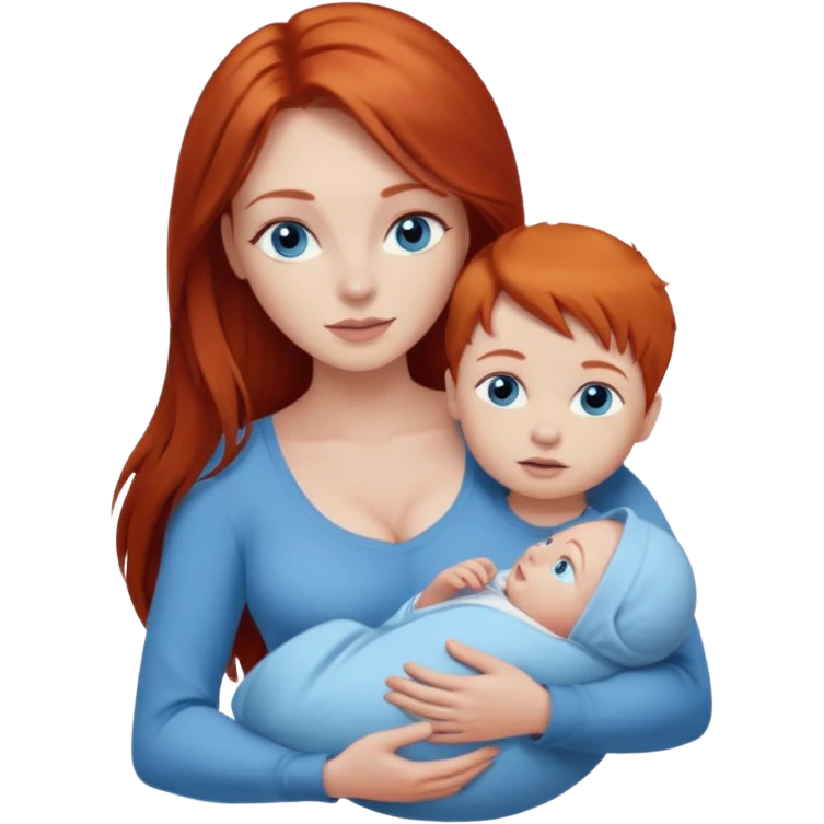 A red head with long straight hair, she has blue eyes with big boobs and a baby boy with blue eyes emoji