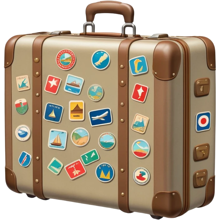 Suitcase with travel stickers, subdued colors, not vivid emoji