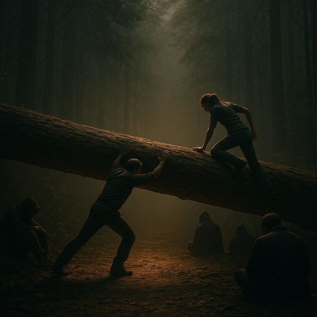 A group in a forest with a huge fallen tree blocking the path. Most people sit or turn away, two try to move or climb the tree. Lighting highlights the two, others in shadow. Conceptual, symbolic, cinematic, hyperrealistic 4K. emoji