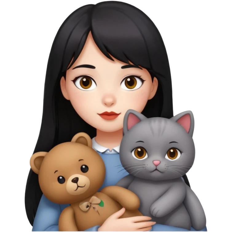 girl,drak eyes, red cheeks, black long hair with a bang, white face, holding a British gray cat and a brown teddy bear emoji