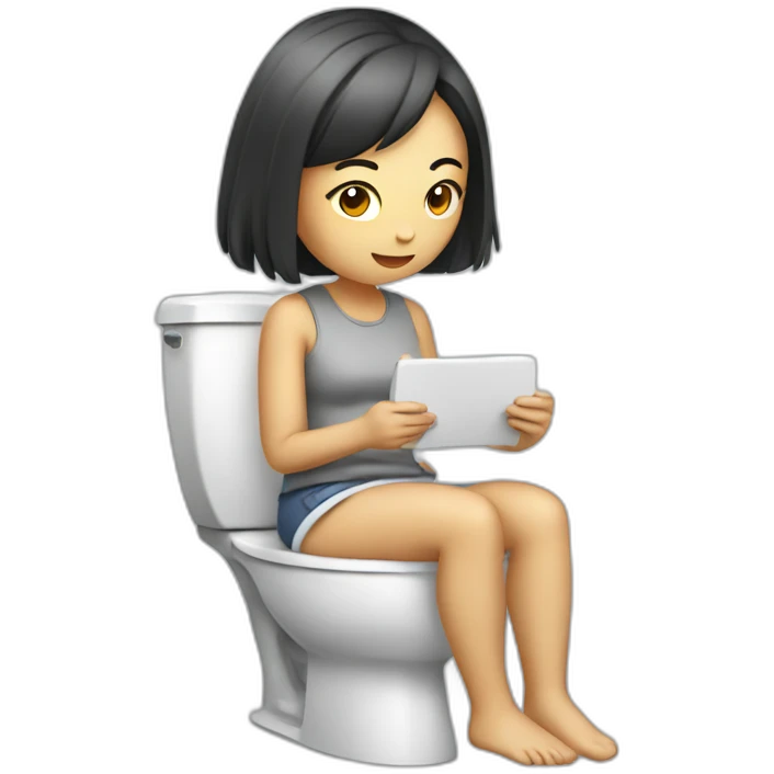 Asian girl using toilet while texting emoji