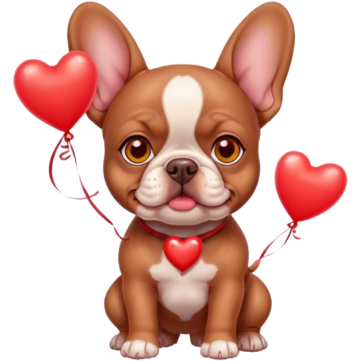 Red brown  French bulldog puppy with yellow eyes carrying red heart balloons  emoji
