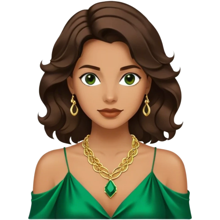 Emoji femenino con cabello suelto corto hasta los hombros castaño oscuro con ondas. Tono de piel bronceado. Viste camisa satinada verde esmeralda y lleva tres collares color dorado. Diseño minimalista pero elegante. emoji
