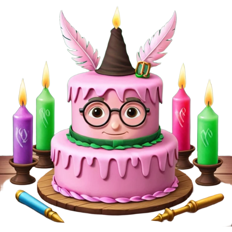 Harry Potter themed pink birthday cake with green 'Happy Birthday Harry' icing, surrounded by wizard books, candles, potion bottles, feathers, and glasses on wooden table, magical atmosphere." emoji