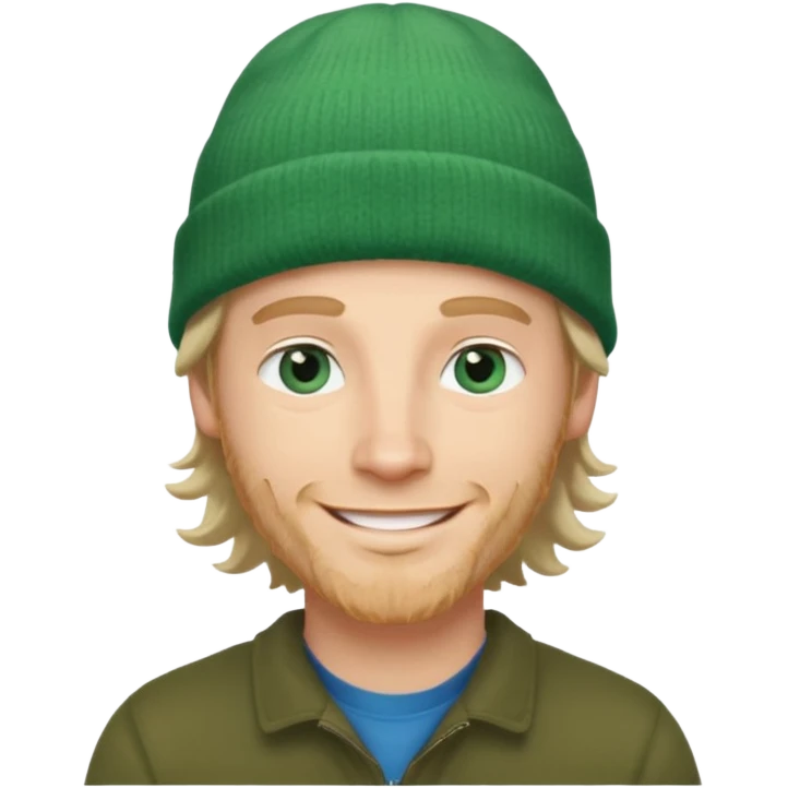 white man, mid thirties, blue eyes, mid length wavy hair, green beanie hat emoji