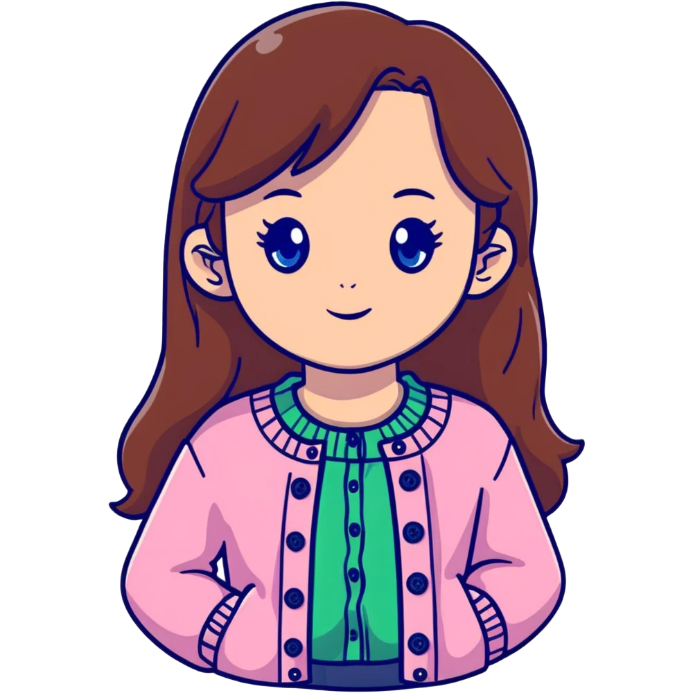 cute girl with long brown hair and blue eyes, wearing a pink cardigan with buttons emoji