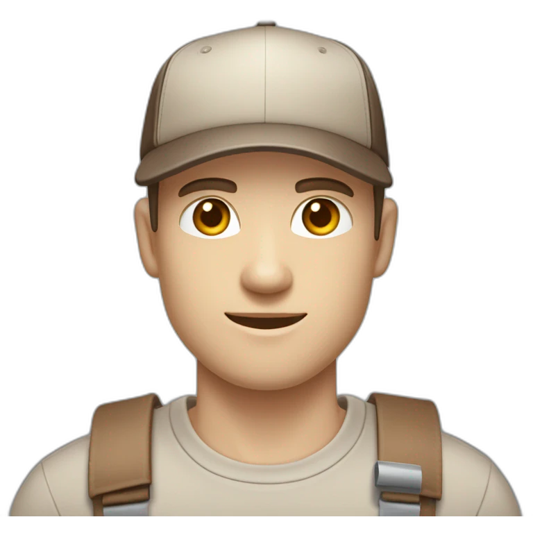 Pale skinned fit Man with dark brown hair in a beige cap, gray jeans and brown polo T-shirt keeping a pasted with tape white box into his hands emoji