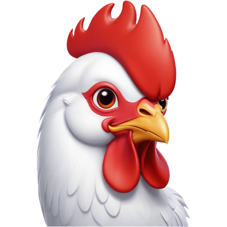 Cinematic Cute White Rooster Portrait Emoji, Head tilted playfully and inquisitively, featuring a glossy, immaculate white plumage with a vibrant red comb, round, sparkling eyes filled with curiosity, Simplified yet irresistibly adorable features, highly detailed, glowing with a warm, friendly glow, high shine, affectionate and spirited, stylized with a touch of farmyard whimsy, bright and endearing, soft glowing outline, capturing the essence of a mischievous yet loving rooster, so playful it feels like it could strut out of the screen and into your arms! emoji
