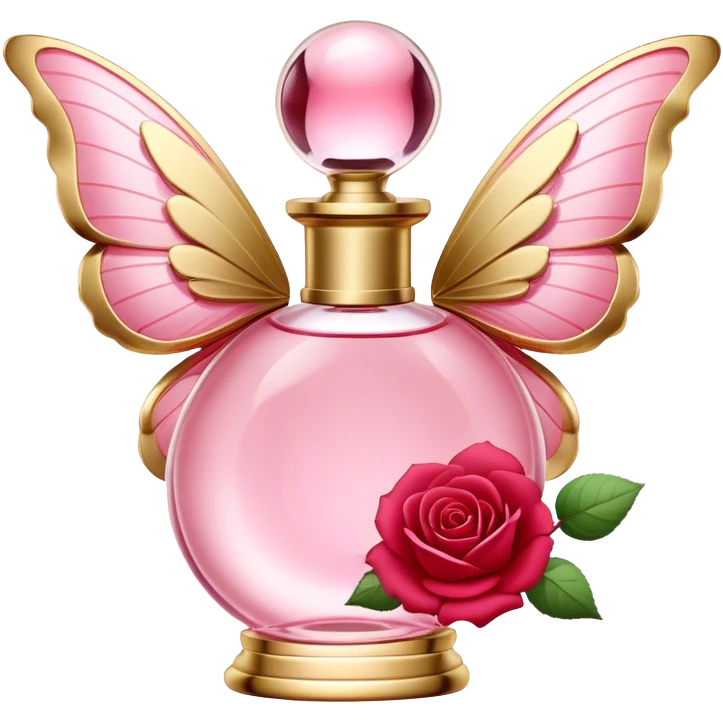 An elegant perfume bottle in Angel Pink with gold accents, surrounded by delicate butterflies with Rose Red and Deep Red wings, gracefully fluttering in a warm, romantic glow. emoji