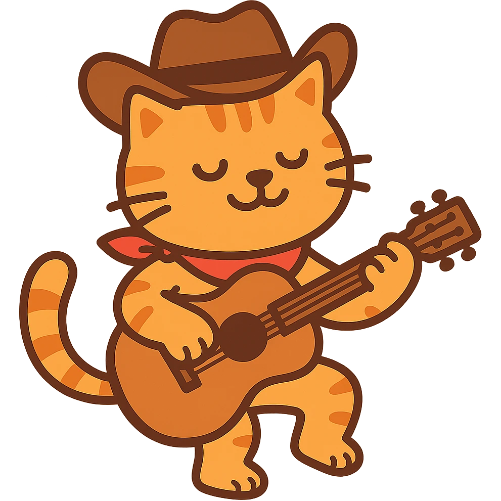 flat toon orange cowboy cat strumming an acoustic guitar emoji