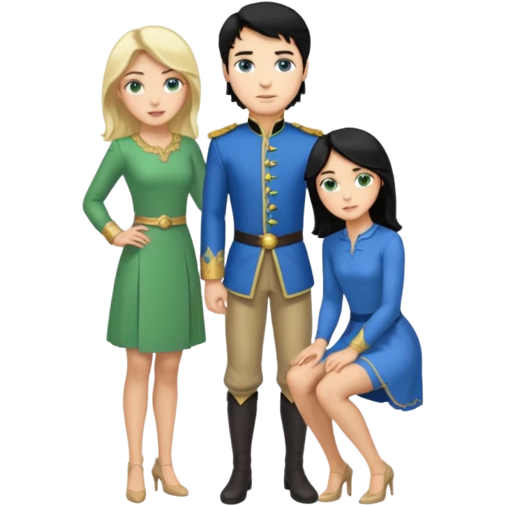 prince, standing upright, black Hair, blue eyes, garment,  woman, bending knee, White sleveless dress, blonde hair, green eyes, emoji