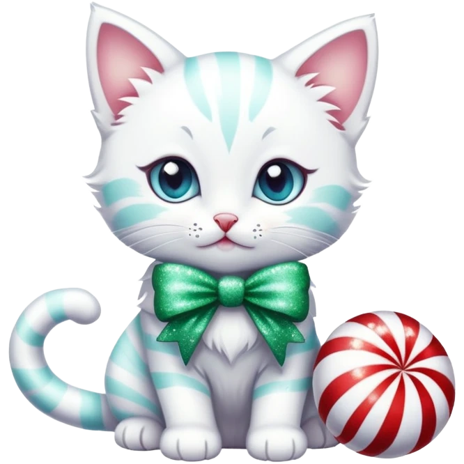 A snowy white kitten with glittery eyes, wearing a peppermint-striped bow, surrounded by sugarplums, fairy lights, and snowflakes.  emoji