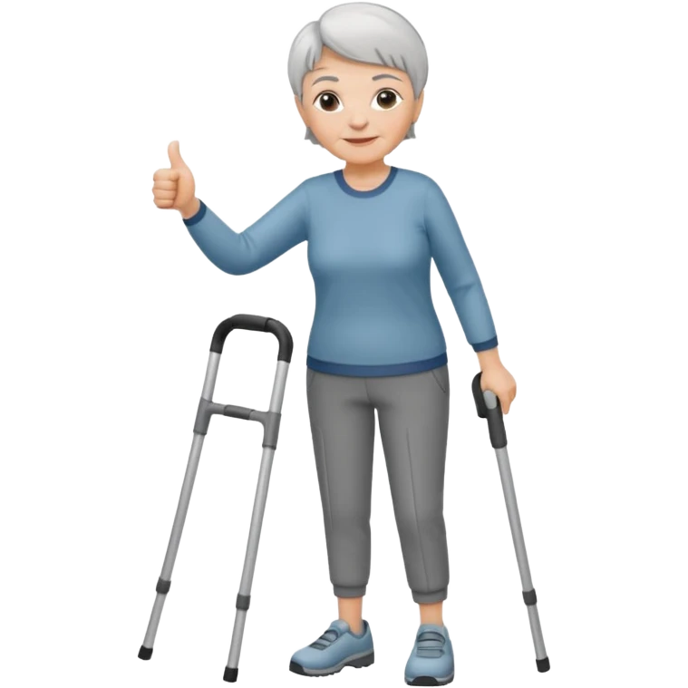 elderly woman with pants short grey hair using crutches WITH A THUMBS UP emoji