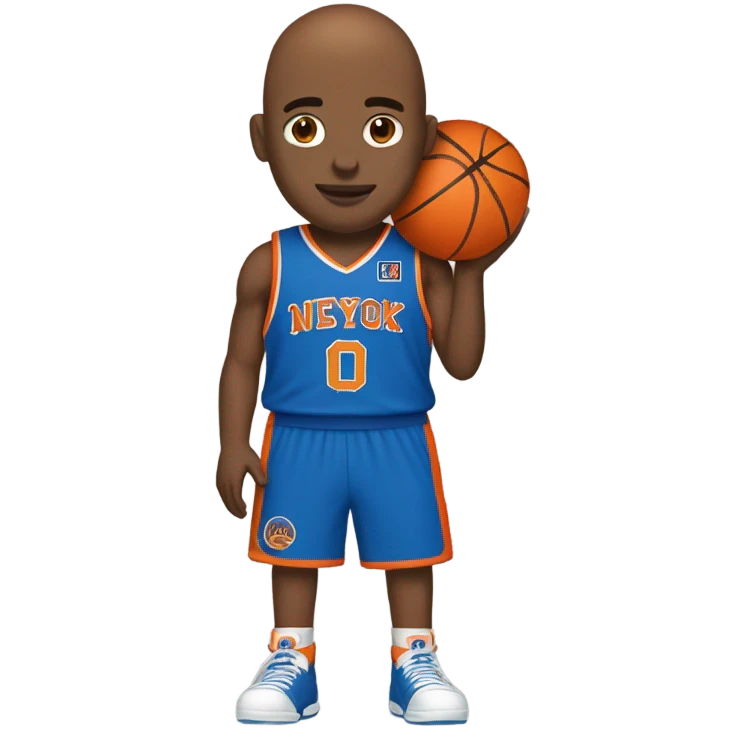Basketball player with bald head and orange and blue NYK uniform # 30 emoji